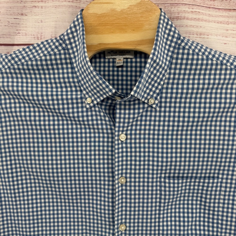 Peter Millar Summer Comfort Shirt Mens XL Blue Gingham PGA Tour Performance - Picture 2 of 10
